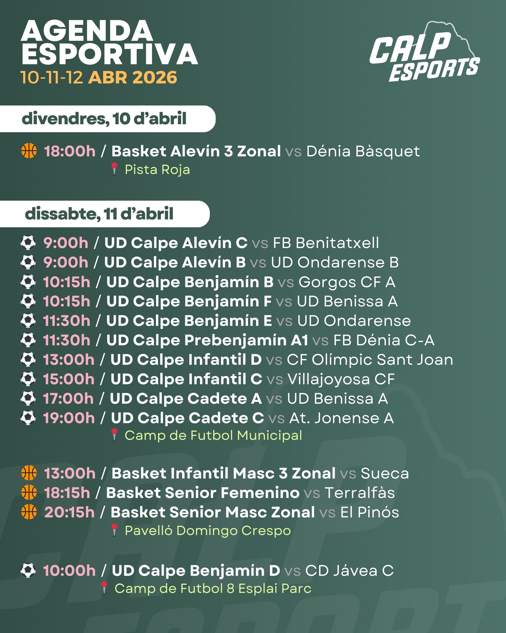 📅 Ací us deixem l’agenda esportiva per a aquest cap de setmana a Calp (10 al 12 d'abril de 2026).
——
📅 Aquí os dejamos la agenda deportiva para este fin de semana en Calp (10 al 12 de abril de 2026).