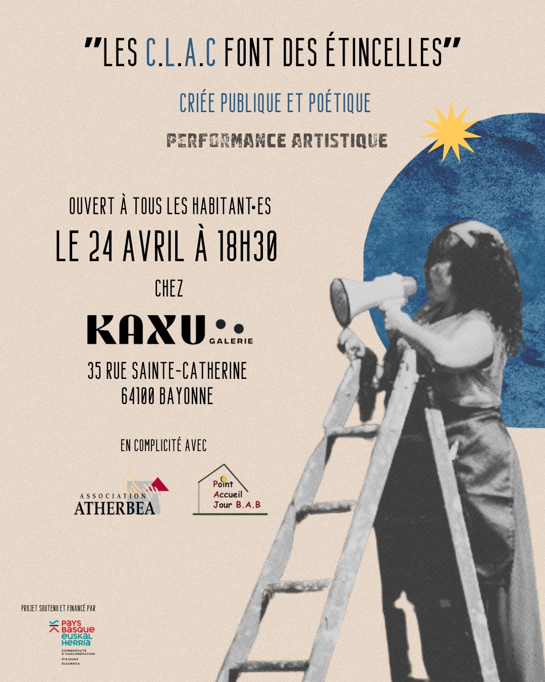 Ceci est une invitation à écouter l'invisible pour célébrer l'humanité dans toute sa diversité.
Depuis le mois de janvier, un lien s'est tissé au Point Accueil Jour BAB. Les C.L.A.C y ont semé des parenthèses poétiques de chants et théâtre d'objets pour récolter des paroles de vie.
Ces mots cueillis vous seront livrés demain. Un moment de partage authentique ouvert à toutes et tous.
RENDEZ-VOUS DEMAIN
⏰ 24 avril à 18h30
📍 @kaxu.galerie (35 rue Sainte-Catherine, Bayonne)
Ouvert à tous les habitant·es