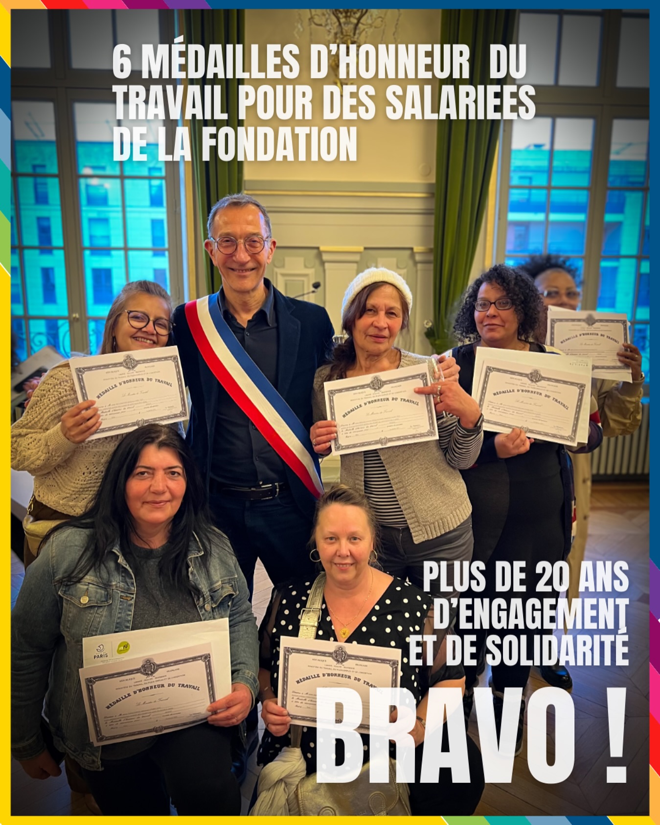 🏅 Médaille d’honneur du travail 🏅
Fierté et engagement 👏 Cette année, six salariées de la Fondation Maison des Champs ont été honorées par la Médaille d’Honneur du Travail, remise par la Mairie du 19e arrondissement en présence du maire.
Un bel hommage à leur engagement auprès des plus vulnérables. 💙
Bravo et merci à elles pour leur dévouement au quotidien !
#médailledutravail #engagement #solidarités #paris19 #fondationmaisondeschamps