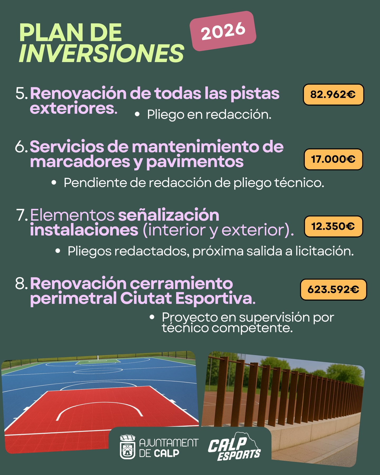 💪 En el pleno de hoy, se ha aprobado una incorporación de crédito que incluye 804.804€ de inversión en instalaciones deportivas. En total, este 2026 el Ayuntamiento de Calp invertirá más de 1,3 millones de euros en mejorar nuestra Ciutat Esportiva para ponerla en el nivel que se merece.
👉 Destacamos la inversión en el área del Esplai Parc, con la reforma de vestuarios con cargo al contrato de mantenimiento, la instalación de cerramiento y redes en el Campo de Fútbol 8 o la reforma y renovación de todas las pistas exteriores (basket, fútbol sala y nueva de voleibol y pickleball).
⚽ También destaca la inversión en el Pavelló Ifac, con la renovación del parquet, sustitución de porterías y nueva moqueta. En el Domingo Crespo, finalizará la renovación total con la sustitución de los asientos y de las puertas.
😳 En la publicación, podéis consultar algunas de las inversiones más destacadas. Se pueden consultar al completo en www.esportscalp.es/inversiones.
—
💪 En el ple de hui, s’ha aprovat una incorporació de crèdit que inclou 804.804€ d’inversió en instal·lacions esportives. En total, aquest 2026 l’Ajuntament de Calp invertirà més de 1,3 milions d’euros a millorar nostra Ciutat Esportiva per a posar-la en el nivell que es mereix.
👉 Destaquem la inversió en l’àrea del Esplai Parc, amb la reforma de vestuaris amb càrrec al contracte de manteniment, la instal·lació de tancament i xarxes en el Camp de Futbol 8 o la reforma i renovació de totes les pistes exteriors (basket, futbol sala i nova de voleibol i pickleball).
⚽ També destaca la inversió en el Pavelló Ifac, amb la renovació del parquet, substitució de porteries i nova moqueta. En el Diumenge Cresp, finalitzarà la renovació total amb la substitució dels seients i de les portes.
😳 En la publicació, podeu consultar algunes de les inversions més destacades. Es poden consultar al complet en www.esportscalp.es/inversiones.