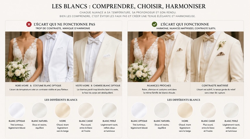 Thank you to our future client for booking an appointment this morning 🤍 We are receiving more and more requests for “full white” suits for weddings, and this trend inspired us to make this post.Because one white is never just white.Between:- Optical whites- Ivory whites- Natural whites- Warm or cool whites...a poor match can quickly break the harmony of an entire outfit.The most common case:an ivory jacket with a shirt that is much too white. Result: the contrast becomes aggressive and the suit appears yellowish.White also needs to work with skin tone and light.This is why, at Moret and Co, we almost always avoid completely white outfits without contrast. We prefer to add contrast with:- Accessories- Textures- Shoes- Or certain more subtle shades.⚠️ The examples shown here are, of course, for informational purposes. Rules can also be skillfully broken, which is something we even love to do in the boutique.The purpose of a discovery appointment is precisely to guide the future groom and build a coherent, elegant, and above all, personalized outfit!So? Ready for your outfit? See you soon at the boutique 🙌GeoffreyMoret and Co13 boulevard Carnot06400 Cannes☎️ 06.19.62.21.18📨 www.moret-and-co.comBy appointment only 📆 🙏